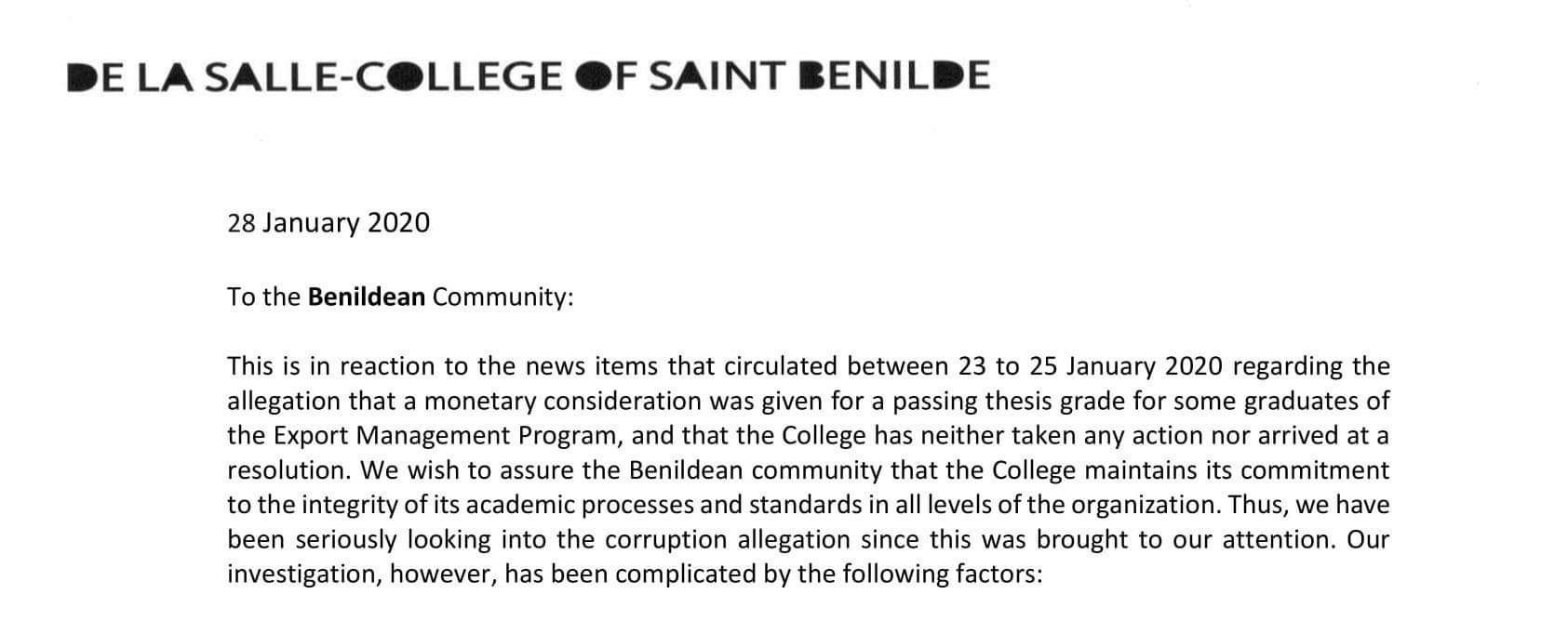 Official Statement from Benilde Chancellor Robert Tang